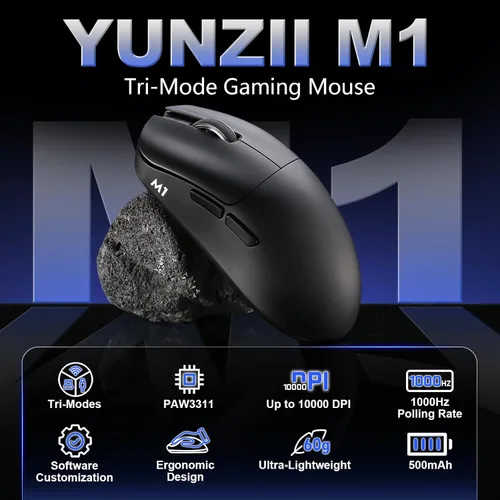 Vista 2 de YUNZII Ratón inalámbrico para juegos M1, mouse para juegos trimodo 2.4G/BT/cable, sensor PAW3311 10000 DPI recargable con 5 botones programables