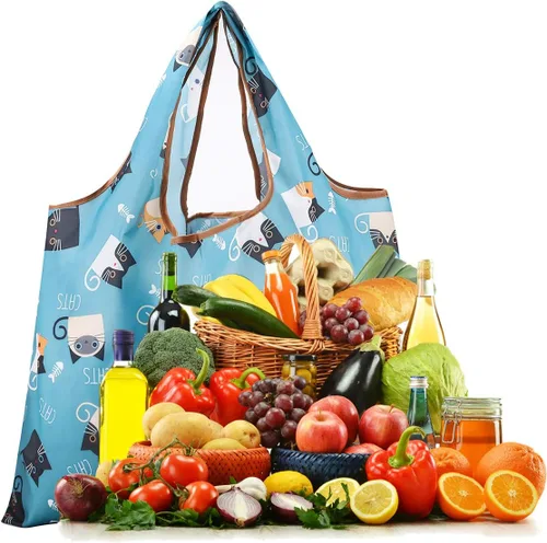 Vista 6 de Gophra - Bolsa de comestibles reutilizable, paquete de 2 unidades, grande, lavable, plegable, respetuosa con el medio ambiente, de nailon