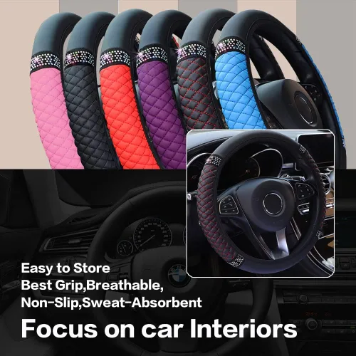 Vista 2 de Funda de cuero con diamantes para volante, de cuero suave y brillante para mujeres y niñas, universal de 15 pulgadas, transpirable, antideslizante