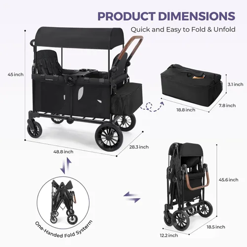 Vista 8 de ELEMARA Cochecito de 4 plazas, cochecito premium para 4 niños, plegable todo terreno para niños con toldo, asas ajustables de empujar/jalar, asiento