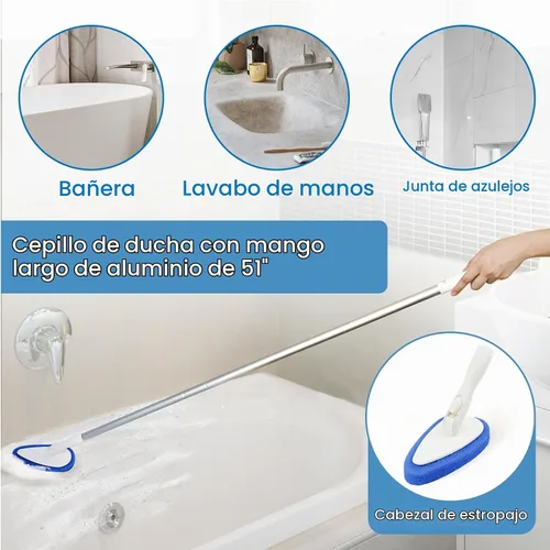 Vista 2 de Qaestfy - Cepillo de limpieza de ducha y baño con mango ajustable de 51 pulgadas, juego de limpieza para tina, baldosas, cepillo de limpieza