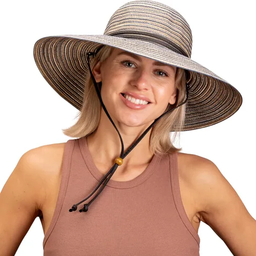 Vista 5 de Sloggers Sombrero de sol trenzado de ala ancha para mujer con cordón de viento, protección solar máxima UPF 50+ Marrón claro