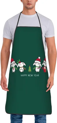 Vista 2 de ZGVDVZ Delantal de feliz año nuevo del conejo para mujeres y hombres, delantales de cocina de Navidad resistentes al agua con correas ajustables