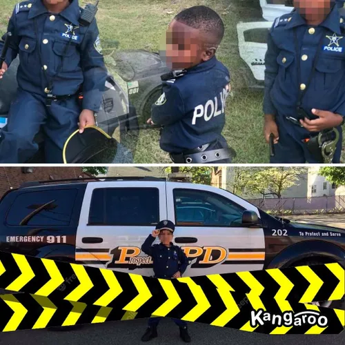 Vista 9 de Kangaroo Disfraz de policía para niños, sombrero de policía, camisa, pantalones, cinturón, funda y silbato, disfraz de policía para niños y niñas