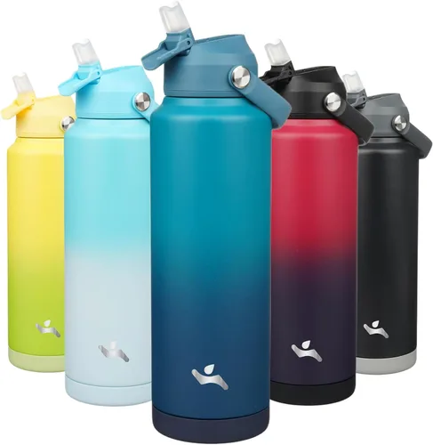 Vista 40 de Konokyo Botella de agua aislada con tapa de pajilla, botella de metal al vacío de acero inoxidable de 18 onzas con mango de silicona, color negro