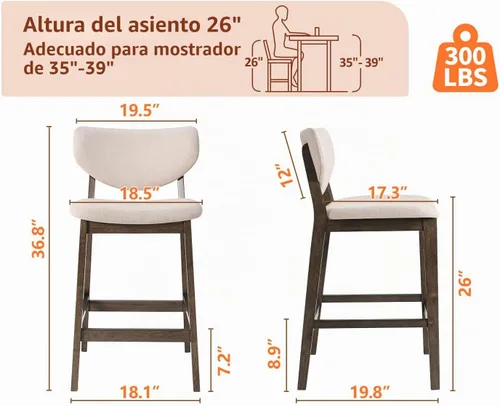 Vista 3 de PrimeZone - Juego de 2 taburetes de bar de cocina de 26 pulgadas, nogal y beige