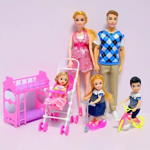 Vista 5 de UCanaan Juego de 6 muñecas familiares con papá, mamá embarazada, 3 niños y bebé en la barriga de mamá y 70 accesorios para educación y regalo