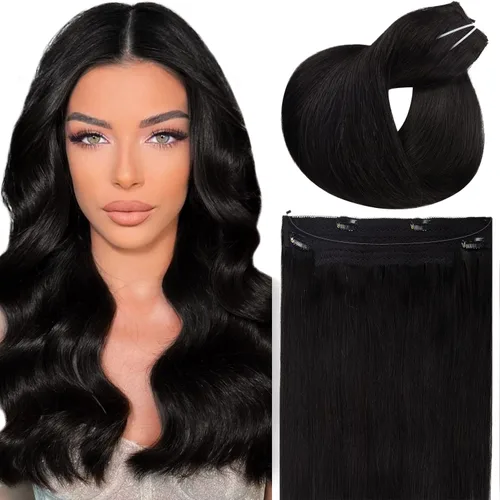 Vista 28 de Extensiones de cabello con alambre, color negro natural, 14 pulgadas, 2.65 oz, 100% cabello humano real, extensión de cabello invisible