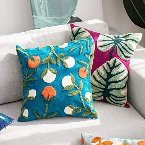 Vista 3 de MOCOFO Funda de almohada de lona bordada con flores, bordado de primavera, artesanía, moderna, simple, funda de almohada para sofá, dormitorio