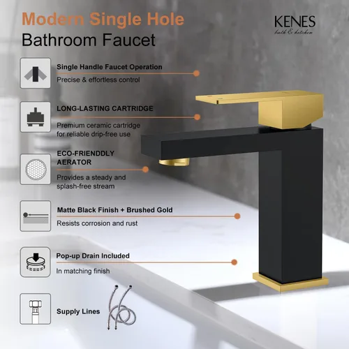 Vista 3 de KENES Grifo de lavabo de baño de una sola manija, grifos de baño negros y dorados de un solo orificio, grifo de tocador con desagüe emergente