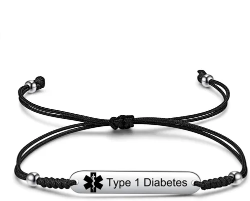 Vista 7 de JF.JEWELRY Pulseras de identificación de alerta médica para diabetes tipo 1 pregrabadas para hombres y mujeres, cuerda de nailon trenzada