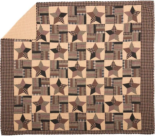 Vista 2 de VHC Brands Bingham Star King Quilt 110Wx97L Country Patchwork Design, Soft Black and Tan