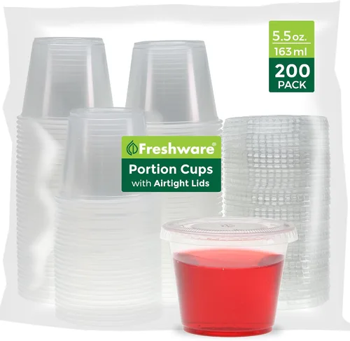Vista 11 de Freshware Vasos de plástico para porciones con tapas [4 onzas, 200 juegos] vasos de plástico desechables para preparación de comidas, aderezos
