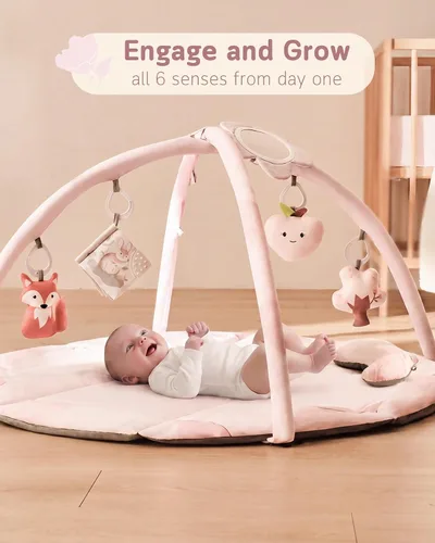 Vista 2 de Fortella Tapete de gimnasio y actividades para bebés, lavable a máquina y plegable, con 5 juguetes desmontables, certificado seguro para recién Rosa