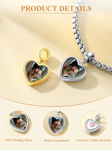 Vista 54 de Custom4U Photo Charms for Bracelets 925 Sterling Silver/Gold Plated Heart/Tree of Life/Round Charm Bead Personalized with Picture Custom