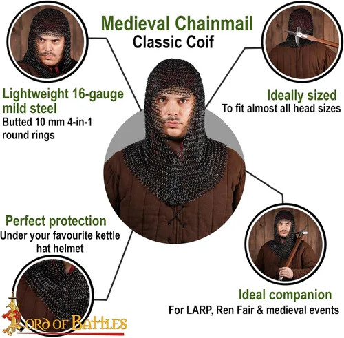 Vista 7 de Pack de Chainmail Coif y Algodón Acolchado Arming Cap Protector Under Armor Chainmail Coif Ideal para LARP, Renfair