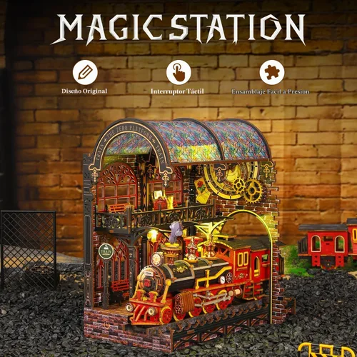 Vista 6 de Kit de rincón de libro, kit de casa en miniatura para adultos, rompecabezas LED 3D estación mágica, kit de rincón de libros, fabricado en madera