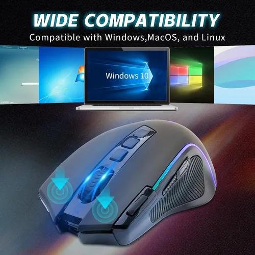 Vista 6 de Mouse inalámbrico para juegos, sensor óptico de 8000 DPI, retroiluminación RGB, botones programables MMO 9, con botones laterales de grabación