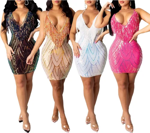 Vista 2 de Sprifloral Vestido de tubo corto ajustado y sexy bodycon para mujer diseño con lentejuelas flecos cuello alto falso para fiesta discoteca