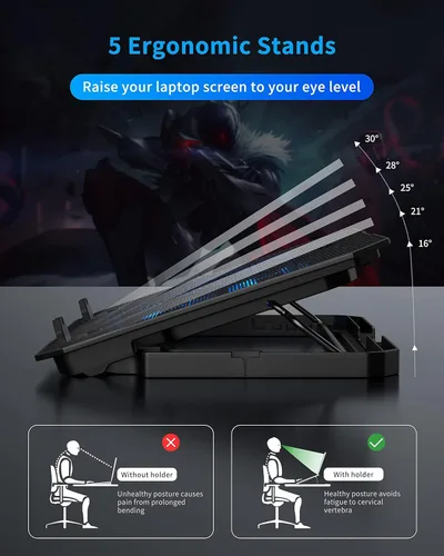 Vista 3 de AICHESON Almohadilla de enfriamiento para laptop de 12 a 15.6 pulgadas, 6 ventiladores más fríos con luces azules, soporte de enfriamiento