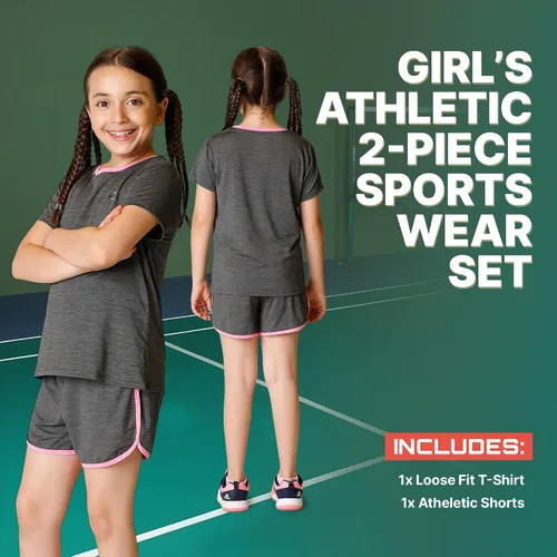Vista 2 de Conjuntos de ropa para niñas, camiseta atlética y trajes cortos, ropa deportiva de rendimiento, linda ropa deportiva de verano para niñas, talla 5-14