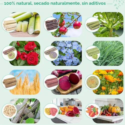 Vista 3 de ERKOON 80 juguetes masticables de conejo para dientes de conejo, juguetes naturales de conejo de madera de manzana, zanahoria, golosinas de hierba