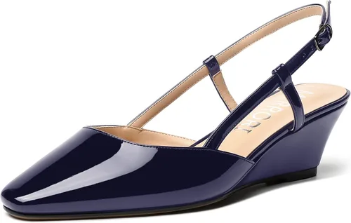 Vista 20 de MERRORI Zapatos de tacón bajo de cuña con hebilla y punta cuadrada para mujer, de patente sólida, de 2 pulgadas Beige