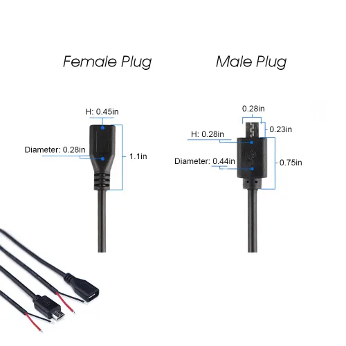 Vista 3 de 4 cables micro USB 2 negros de 1 pie, 2.1 A 5 V, 28 AWG, 2 núcleos, reparación de coletas de alimentación, 2 enchufes macho y 2 hembra incluidos