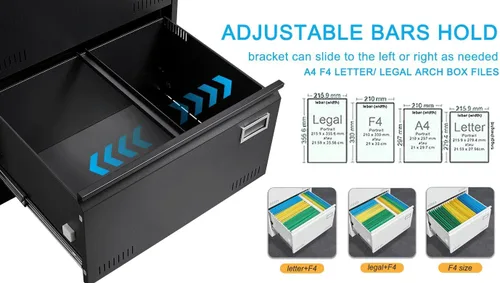 Vista 5 de Archivador lateral de 3 cajones con cerradura para oficina en casa, archivador de metal con barra ajustable para colgar, organización de archivador