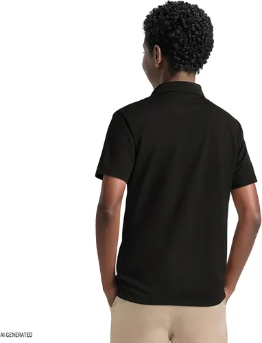 Vista 4 de Izod Camisa polo de manga corta para uniforme escolar para niños, cierre de botón, material de rendimiento que absorbe la humedad Negro
