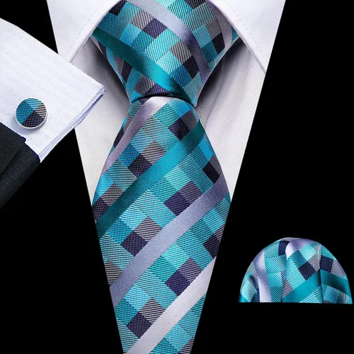 Vista 85 de Barry.Wang Juego de corbatas a cuadros para hombre con pañuelo gemelos de rayas clásicas