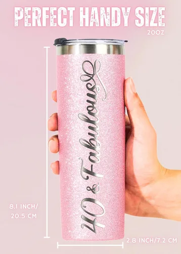 Vista 5 de Onebttl Regalos de cumpleaños número 40 para mujeres, mujeres, ella, 40 y fabuloso, vaso aislado de acero inoxidable con purpurina de 20 onzas