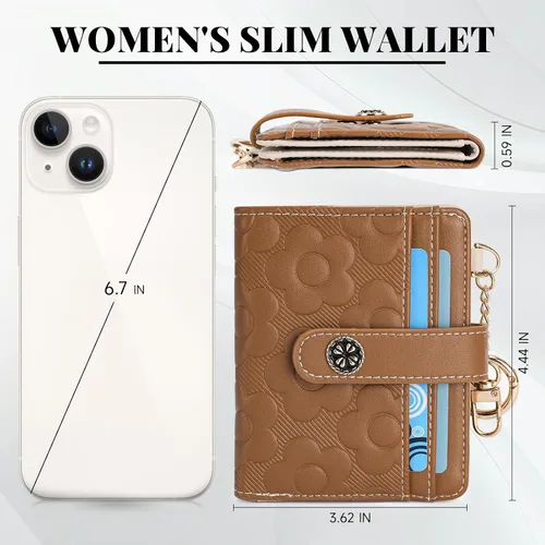 Vista 6 de Cartera RFID para mujer, delgada y pequeña, de piel con estampado de flores, plegable, compacta, con tarjetero y bolsillo para monedas, color marrón