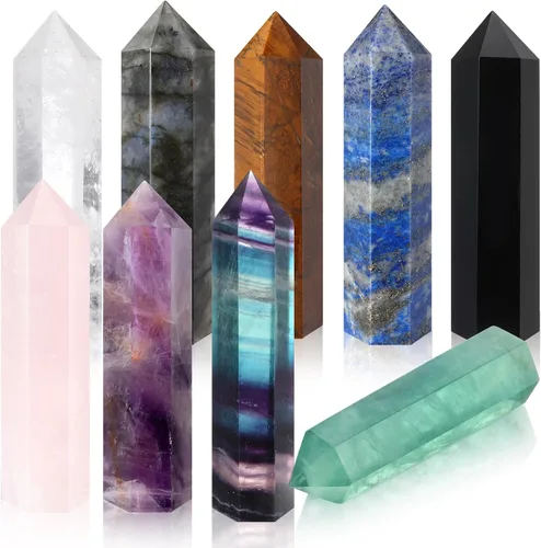 Vista 9 de Junkin 9 juegos de varita de cristal curativo, amatista cuarzo rosa, cuarzo transparente, ojo de tigre, obsidiana, fluorita, labradorita