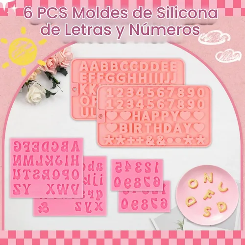 Vista 4 de 6 PIEZAS Moldes de Chocolate, Letras Números Moldes de Chocolate de Silicona Reutilizables Moldes de Dulces del Alfabeto con Feliz Cumpleaños