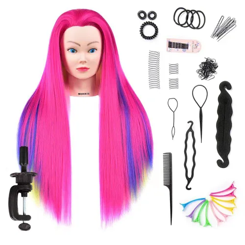 Vista 14 de Headdoll Cabeza de maniquí de 26 a 28 pulgadas, cabeza de maniquí para peinar el cabello y soporte de mesa libre, cabeza de entrenamiento, maniquí