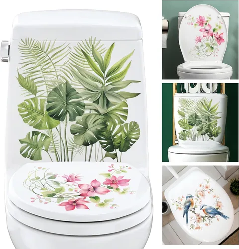 Vista 9 de 3 calcomanías autoadhesivas de pared para asiento de inodoro, diseño floral rosa y morado, diseño de pájaros y flores, para bricolaje, ramo