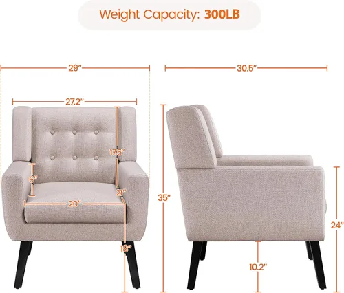 Vista 2 de Yaheetech Silla decorativa, moderno sillón copetudo con botones, sillas de tela de lino para sala de estar, dormitorio, cómoda silla de lectura