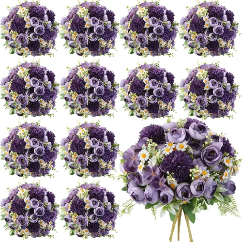 Vista 13 de Tigeen - 12 paquetes de flores artificiales de peonías, rosas sintéticas Azul