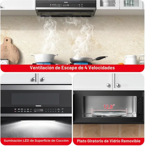Vista 5 de Galanz GLOMJK12S2SWN10 Campana de Microondas de Bajo Perfil para Colocar sobre la Estufa, Combinación de Vapor y Cocina Sensorial, 11 Niveles