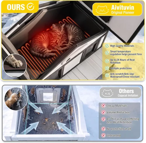 Vista 3 de Aivituvin Casa climatizada para gatos con forro aislado completo, refugio para gatos con puertas de escape, condominio resistente a la intemperie