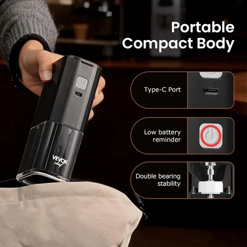 Vista 6 de VEVOK CHEF Molinillo de café eléctrico portátil, molinillo de grano de café cónica ajustable, molinillo de un botón con recargable por USB, parada