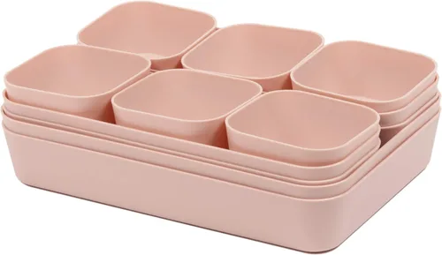 Vista 7 de Backerysupply Juego de 12 organizadores de cajones de escritorio de plástico de color rosa para maquillaje, baño, oficina, cocina, cajón, caja