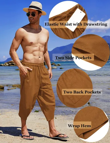 Vista 5 de COOFANDY Pantalones capri harén de lino para hombre, ligeros, sueltos, 34, con cordón elástico, cintura elástica, pantalones casuales para yoga