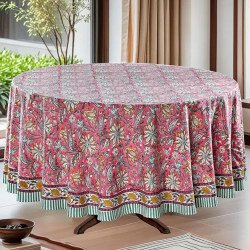 Vista 22 de Mantel redondo con estampado de bloque a mano, 100% algodón, reutilizable, color verde espárragos, 60 pulgadas, mantel decorativo para uso diario