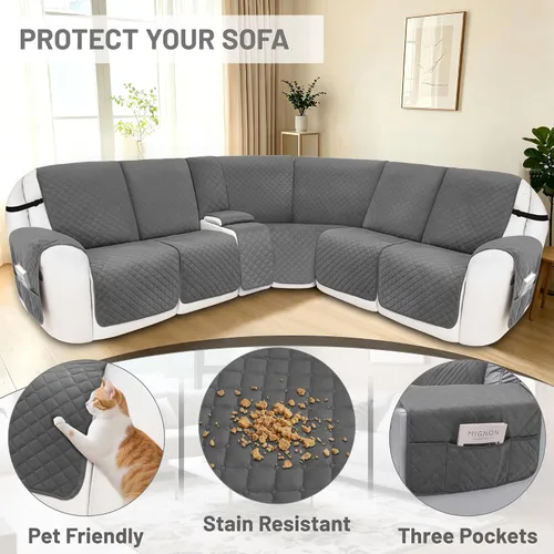Vista 6 de Fundas para sofá reclinable, 100% impermeables, de terciopelo en forma de L, para sofás y mascotas, lavables, antideslizantes, con bolsillos