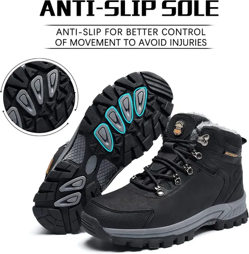 Vista 2 de BEOAPT Botas de senderismo de invierno para hombres y mujeres, cálidas y resistentes al agua, antideslizantes, con forro suave, color negro