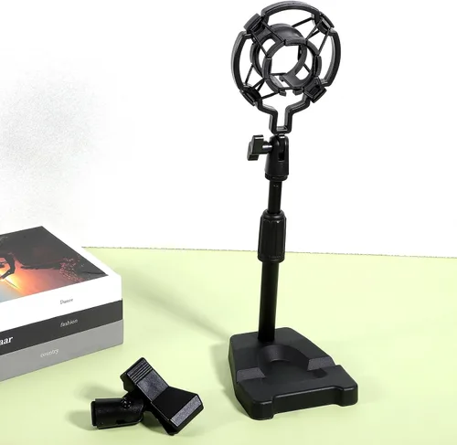 Vista 6 de Toyvian Soporte de micrófono de escritorio ajustable con base estable y soporte de montaje de choque, soporte de mesa para micrófono de mesa que