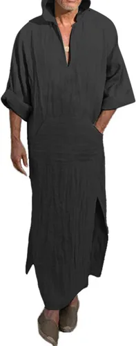 Vista 7 de Jacansi - Bata de cuello en V para hombre, manga corta, división lateral, caftán de algodón, thobe largo, tallas S-3XL Púrpura-gris #1