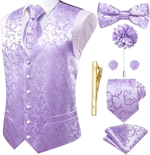 Vista 35 de Hi-Tie Chaleco de traje de seda para hombre, corbata y corbatín de solapa, clip de corbata dorado, chaleco floral de cachemira, 8 piezas, conjunto